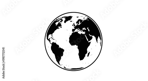 Black and White Earth Globe with Detailed Continents and Outline on Isolated White Background