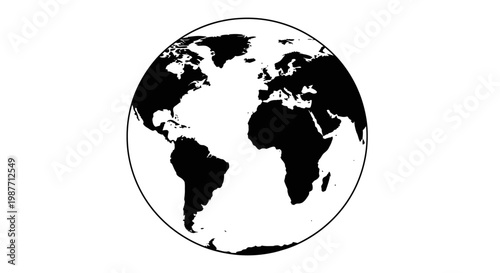 Black and White Earth Globe with Solid Continents and Thick Outline on Isolated White Background