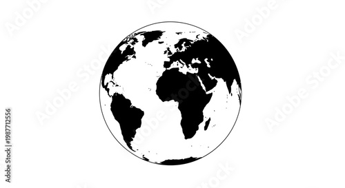 Stylized Black and White Earth Globe with Continent Map on Isolated White Background