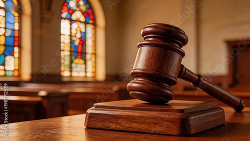 Wooden gavel on table with stained glass