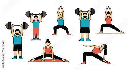Collection of flat characters performing fitness and yoga exercises