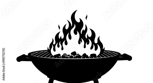 Charcoal BBQ Grill with Roaring Fire Silhouette Vector Illustration