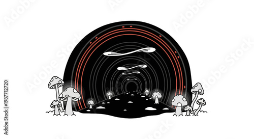 Surreal Psychedelic Mushroom Portal Tunnel Vector Illustration