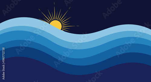 Sunrise over deep blue ocean waves, abstract ocean landscape at dawn.
