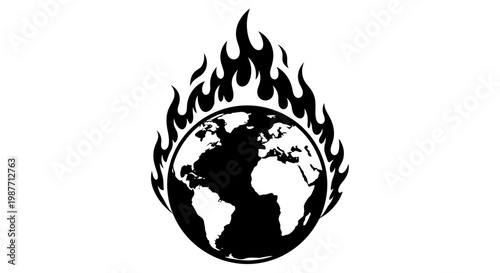 Monochromatic earth globe icon with black stylized flames, representing global warming, isolated white background.
