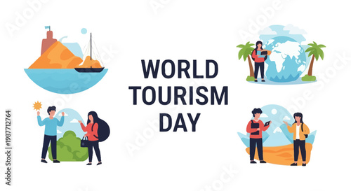 World Tourism Day vector illustration with diverse travel scenes