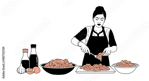 Woman Preparing Raw Chicken Wings Vector Illustration