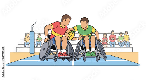 Vector illustration of athletes playing wheelchair rugby in a stadium