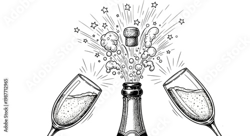 Hand-drawn champagne bottle popping with a flying cork, fizzy bubbles, and two toasting flutes, isolated white background.