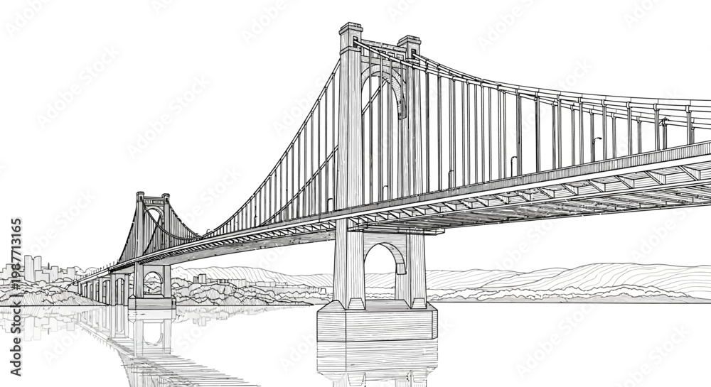 Fototapeta premium Architectural line drawing of a large suspension bridge over water with city skyline and distant mountains. Detailed infrastructure illustration.