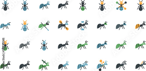 Colorful Flat Design Ant Icon Set Collection With Various Poses And Styles For Web And App Design