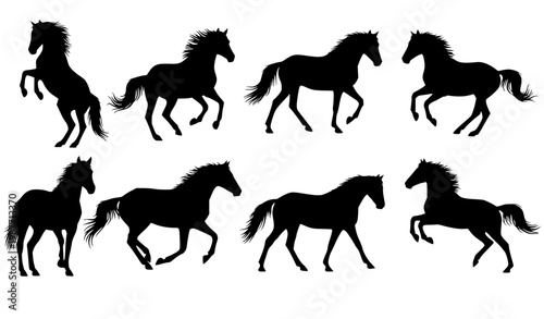 Horse silhouettes set with rearing galloping and walking poses zodiac equine vector isolated on white background