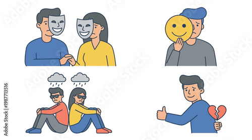 Illustrations depicting people hiding their true emotions and struggling with mental health issues like sadness and depression.