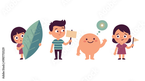 Four diverse cartoon children and a friendly creature engaging with a leaf, signs, and a flag on a white background.