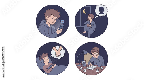Four circular illustrations depicting young people experiencing various states of mind, including phone use, longing, connection, and creative work, often in solitude or at night.