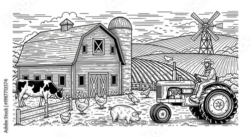 Vintage Style Farm Scene Illustration with Farmer on Tractor, Barn, Livestock, Fields, and Windmill - Rustic Agricultural Landscape
