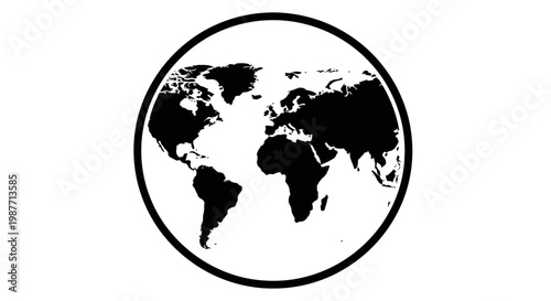 Black Silhouette of a World Map Inside a Thin Circular Frame Showing Continents on Isolated White Background