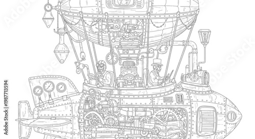 Intricate Steampunk Flying Machine Line Art Illustration. Detailed Fantasy Airship Design with Gears, Pipes, and Pilots. Coloring Page.