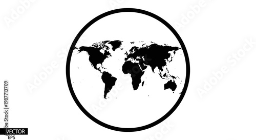 Black Silhouette of a World Map Inside a Bold Circular Frame Showing Continents on Isolated White Background, Vector Icon