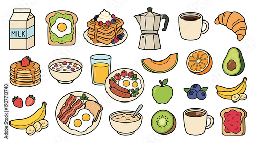 Breakfast menu element pack, cute doodle style, coffee, waffles, eggs, bacon, pancakes, fresh fruit, and healthy beverages