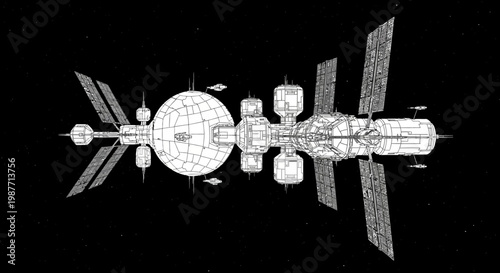 White wireframe schematic of a large, advanced space station with multiple modules and solar panels in deep space. Future technology concept.