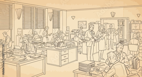 Bustling vintage office scene illustration with busy people working at desks, retro workspace, historical business environment sketch.