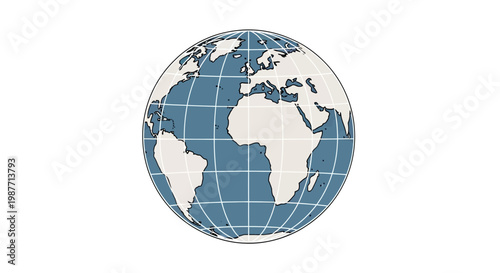Stylized Globe World Map Icon with Blue Oceans and Light Continents on Isolated White Background