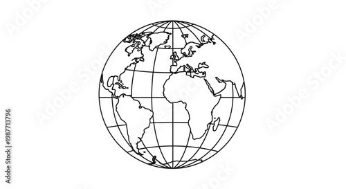 Clean Outline Globe Icon with World Map and Grid Lines on Isolated White Background