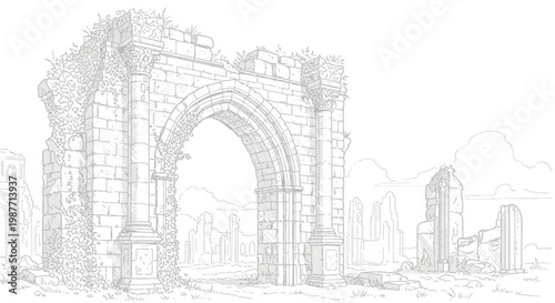 Detailed line art illustration of ancient stone arch ruins in a desolate landscape, historical architecture sketch, fantasy concept art