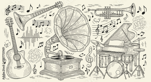 Vintage musical instruments and notes hand-drawn set. Retro music collection with guitar, gramophone, piano, drums, trumpet, and sound waves.