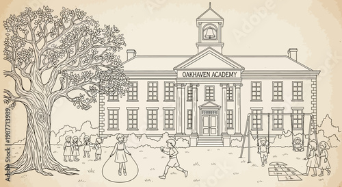 Vintage line art illustration of children playing on a school playground in front of a classical academy building, depicting education and childhood.