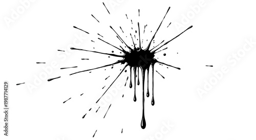 Energetic Black Ink Splash with Radial Burst Lines on Isolated White Background