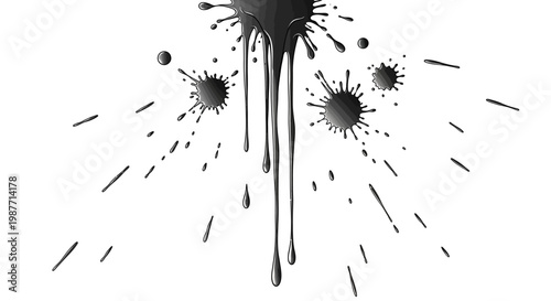 Dynamic Black Ink Splashes and Drips with Radial Burst on Isolated White Background
