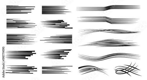 Diverse Collection of Black Speed Lines and Motion Graphic Elements on Isolated White Background, Cartoon Style Effect
