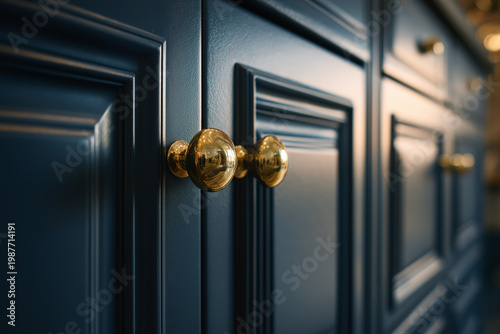 Close-up of Deep Navy Blue Kitchen Cabinet with Polished Gold Knobs