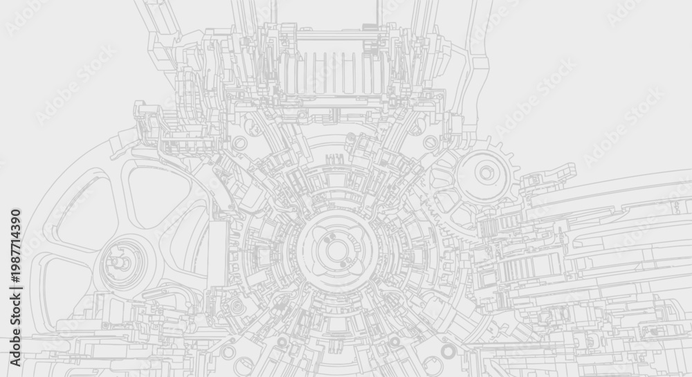 Fototapeta premium Intricate mechanical blueprint illustration of complex engine gears and industrial machinery on a light background, technology concept.