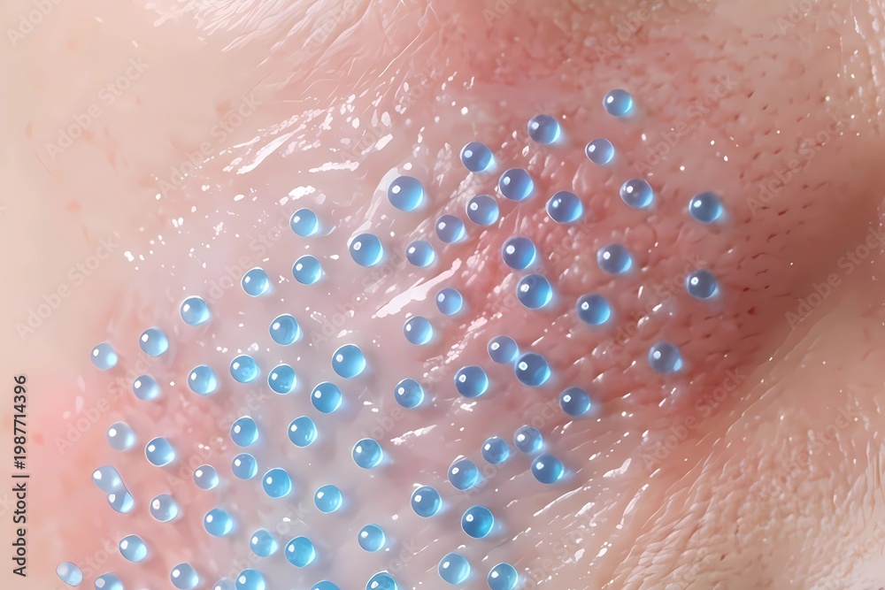 Fototapeta premium Macro 3D Illustration of Blue Hyaluronic Acid Droplets on Human Skin Surface, Biotechnology and Skincare Science Concept, Deep Moisturizing and Skin Barrier Protection Visualization.