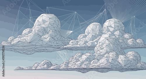 Digital geometric clouds with wireframe network connections in a futuristic sky, symbolizing data, technology, and cloud computing.