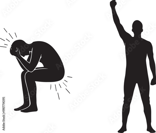 Silhouette of defeated person and victorious person in contrast isolated on white background
