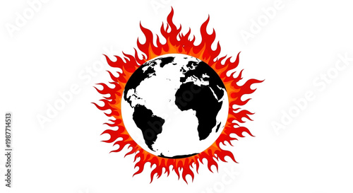 Earth Globe Surrounded by Red Flames Illustrating Global Warming Isolated White Background
