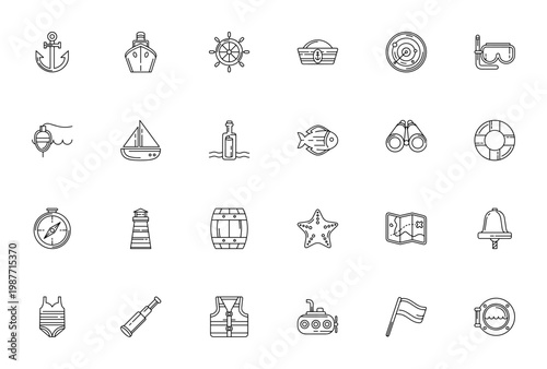 Nautical Icons Set. Marine & Sailing Vector Icons Pack. Includes Sailboat, Anchor, Compass, Lighthouse, Binoculars, Map, Submarine and More.