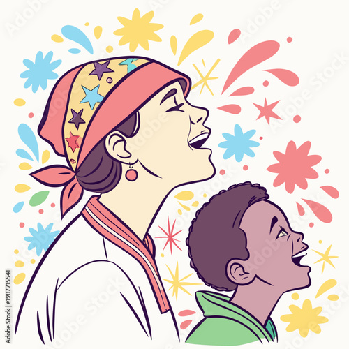Woman and child looking up together at fireworks artwork.