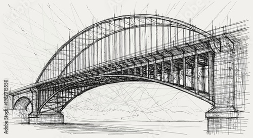 Detailed architectural drawing of a steel arch bridge, showcasing engineering structure and design in a technical, hand-drawn sketch style.