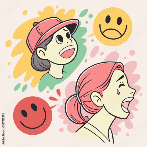 Girls sharing emotions with smiley face symbols.