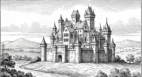 Detailed vintage illustration of an ornate medieval castle with multiple towers and fortified walls on a scenic hilltop landscape.