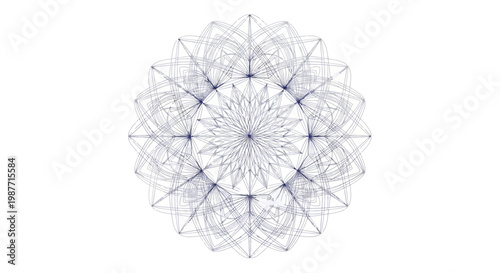 Intricate blue sacred geometry mandala pattern. Abstract symmetrical meditative design with complex lines on white background.