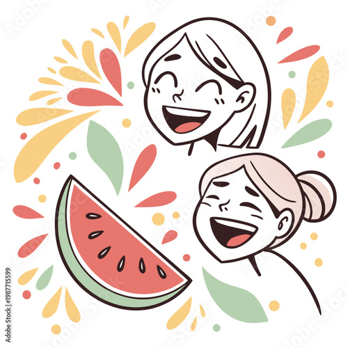 Two happy girls with watermelon and confetti.