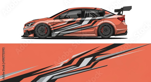 Sleek orange and black racing car featuring bold graphics and sweeping stripes.