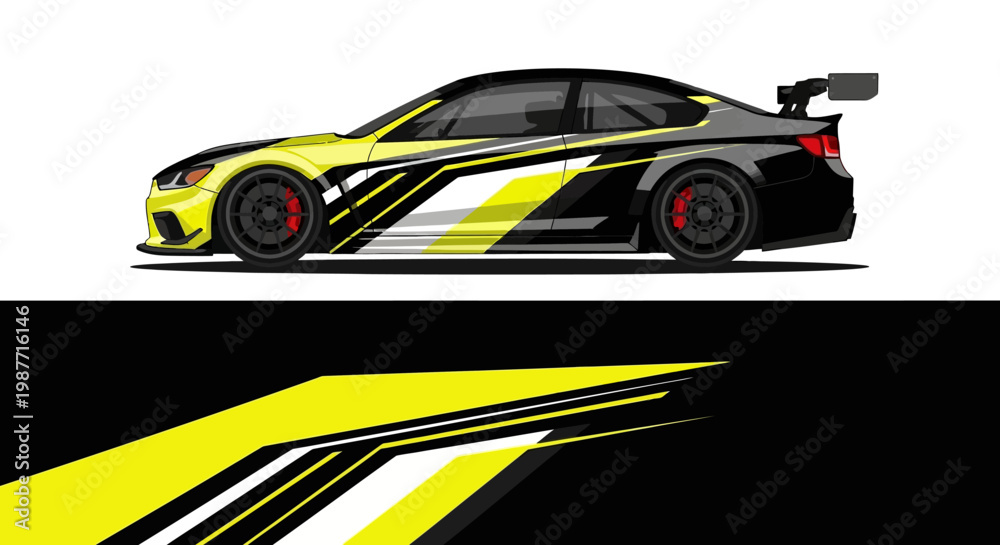 Fototapeta premium Side profile of a yellow and black sportscar with racing livery and bold graphic design.