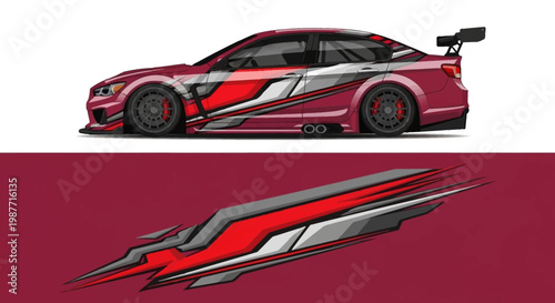 Dynamic red racing car with sleek graphic logo on maroon background, high speed concept illustration.